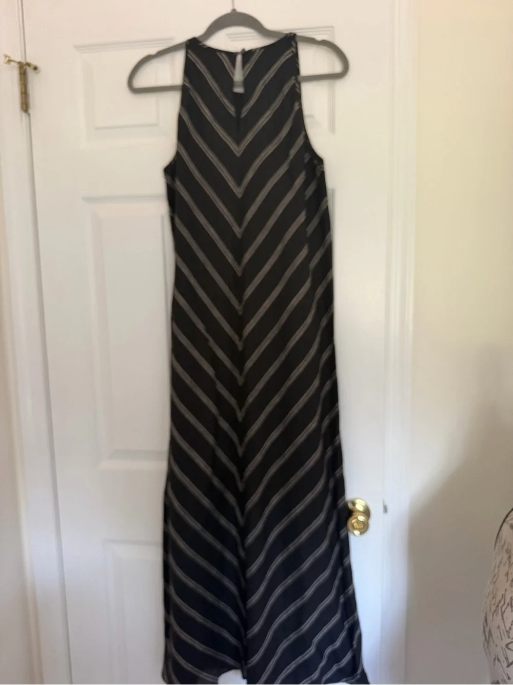 J. Crew Black Maxi Dress with White Chevron Stripes 100% Linen Natural Fibers